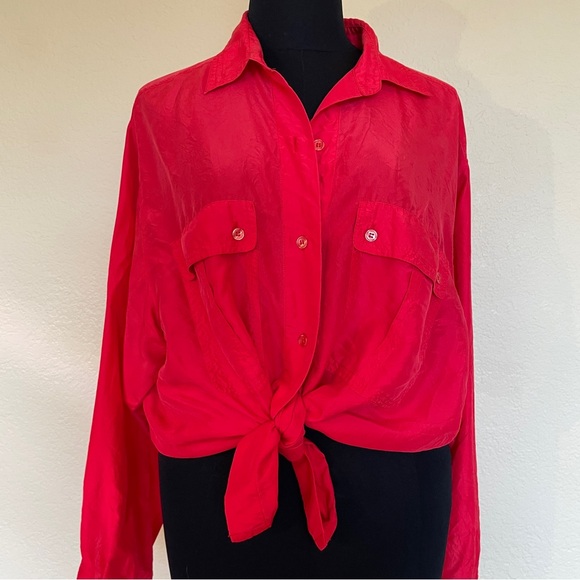 Vintage Red Eatons Button Up Blouse with Pockets Size M/L - Picture 3 of 10
